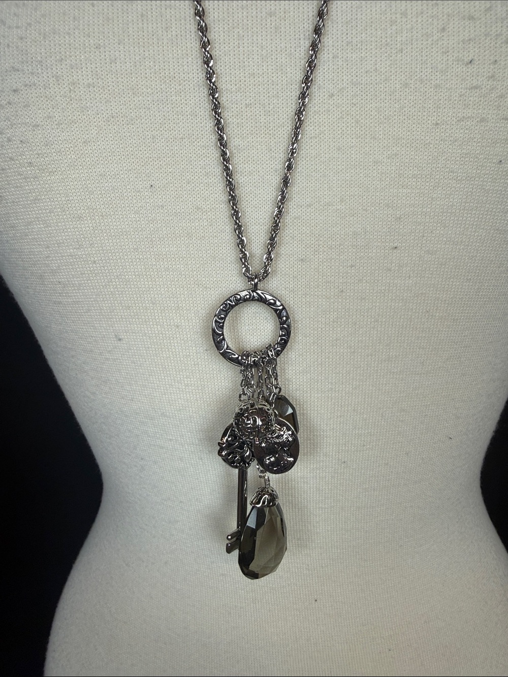 Lia Sophia Silver-Tone Long Pendant Necklace with Smoky Crystal Charm